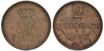 Ганновер 2 пфеннига 1847 B, Эрнст Август (1837-1851) KM 202.1, AKS 124, J. 75 медь 75-1847