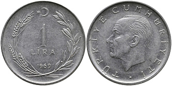 Турция 1 лира 1969 Мустафа Кемаль Ататюрк KM 889а.2 нержавеющая сталь 4538-946