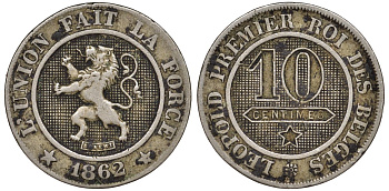 Бельгия 10 сантимов 1862 Belges KM 22 медно-никель 51-2154