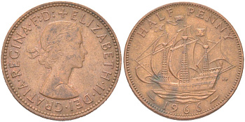 Великобритания 1/2 пенни 1966 Елизавета II (1952-2022) KM 896, Spink 4158 бронза 4128-151