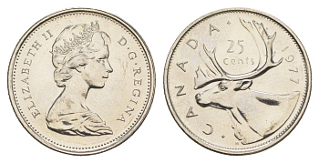 Канада 25 центов 1977 Елизавета II (1952-2022), олень KM 62b никель PROOF-LIKE (BU) 4631-925