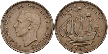 Великобритания 1/2 пенни 1942 Георг VI (1936-1952) KM 844, Spink 4115 бронза 4116-1243