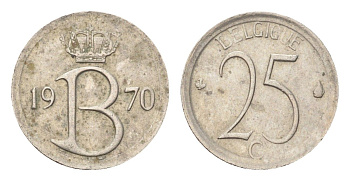 Бельгия 25 сантимов 1970 Belgique, Бодуэн I (1951-1993) KM 153 медно-никель 4705-333