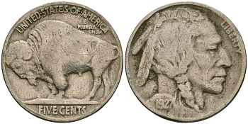 США 5 центов 1927 индеец, бизон KM 134 медно-никель 4135-436