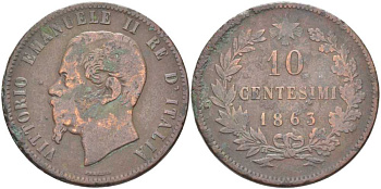 ИТАЛИЯ 10 ЧЕНТЕЗИМО 1863 ВИКТОР ИМАНУИЛ II (1861-1878) KM 11.2 медь 111-1032