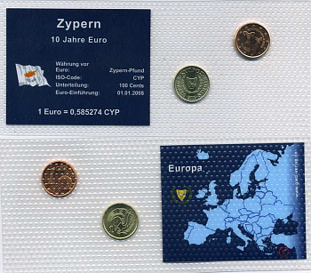 Кипр набор из 2 монет 2003-2008 запайка в целлофан, 1 цент 2003, 1 евроцент 2008 UNC 2-6-3-26