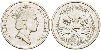Австралия 5 центов 1996 Елизавета II (1952-2022), ехидна KM 80 медно-никель 3851-1139