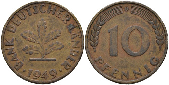ФРГ 10 ПФЕННИГОВ 1949 D KM 103, J. 378 сталь плакированная латунью 4513-944