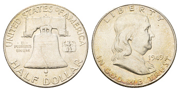 США 1/2 доллара (50 центов) 1949 S, Бенджамин Франклин, колокол KM 199 серебро aUNC 3711-1531
