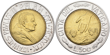 Ватикан 500 лир 1999 время выбора - время надежды, Иоанн Павел II KM 310 биметалл UNC 4586-1046
