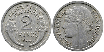 ФРАНЦИЯ 2 ФРАНКА 1944 KM 886а.1 алюминий 83-1944