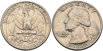 США 25 центов (квотер) 1980 P, Вашингтон KM A164a медь плакированная медно-никелем 4592-222
