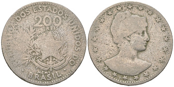 Бразилия 200 реалов 1901 MCMI, голова свободы вправо KM 504 медно-никель 4612-131