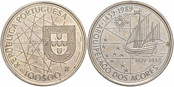 Португалия 100 эскудо 1989 серия золотой век португальских открытий, 550 лет открытия Азорских островов KM 648 медно-никель UNC M31-20