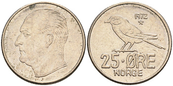 Норвегия 25 эре 1972 Улаф V (1958-1991), синица KM 407 медно-никель 4580-1042