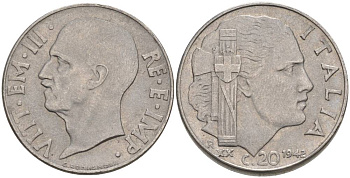 ИТАЛИЯ 20 ЧЕНТЕЗИМО 1942 R, ГОД XX, ВИКТОР ЭММАНУИЛ III (1900-1946), МАГНИТНАЯ, ГУРТ РИФЛЁНЫЙ KM 75b, VEM3. 1029 нержавеющая сталь 3853-444