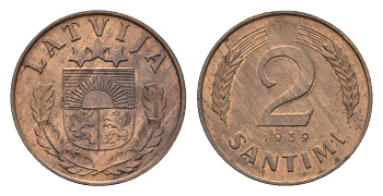 Латвия 2 сантима 1939 KM 11.2 бронза 4679-248