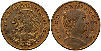 Мексика 5 сентаво 1959 Жозефа Ортис де Домингес KM 426 латунь 4189-733