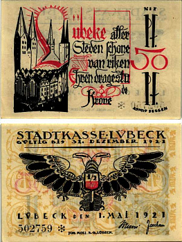 ЛЮБЕК, ГЕРМАНИЯ 50 ПФЕННИГОВ 1921 НОТГЕЛЬД, 1 МАЯ 1921, ЗЕМЛЯ ШЛЕЗВИГ-ГОЛЬШТЕЙН, БУКВА S ARNOLD KELLER 831.2 бумага 7523-6-1-1