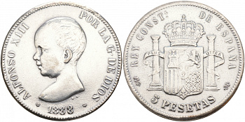 Испания 5 песет 1888 Альфонсо VIII, современная копия белый металл 4184-923