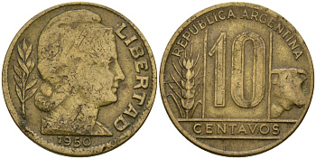 Аргентина 10 сентаво 1950 голова Свободы вправо KM 41 алюминиевая бронза 4174-242