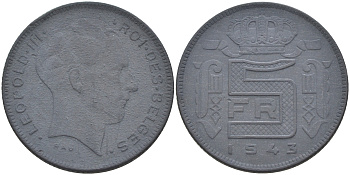 БЕЛЬГИЯ 5 ФРАНКОВ 1943 BELGES, ГЕРМАНСКАЯ ОККУПАЦИЯ, ВТОРАЯ МИРОВАЯ ВОЙНА KM 129.1 цинк 190-114