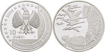 ФРГ 10 евро 2004 J, Национальный парк, Ваттовое море (Wattenmeer) KM 232, DE.S 10.15 серебро PROOF 1076-6-22