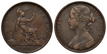 Великобритания 1 пенни 1862 Виктория (1837-1901) KM 749.2, Spink 3954 бронза  1518-1541