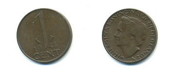 Нидерланды 1 цент 1948 Вильгельмина (1890-1948), год тип KM 175 бронза 80-948