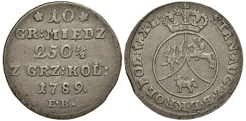 Польша 10 грошей 1789 EB, Станислав Август Понятовский (1764-1795), вес 2,37 г, Варшавский монетный двор KM 206 (С48), Kopinski 394.3 серебро 00-000-00