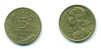 ФРАНЦИЯ 5 САНТИМОВ 1971 ТИП MARIANNE KM 933 медь алюминий никель 84-1533