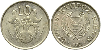 КИПР 10 ЦЕНТОВ 1990 ПТИЧКИ НА ВАЗЕ KM 56.2 никель латунь 113-744