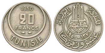 Тунис 20 франков 1950 KM 274 медно-никель 65-816