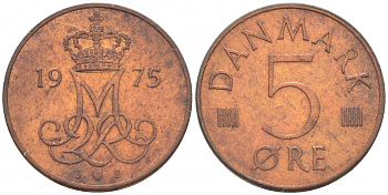 Дания 5 эре 1975 S; B, Маргрете II (1972- ) KM 859.1 железо плакированное медью 3718-346