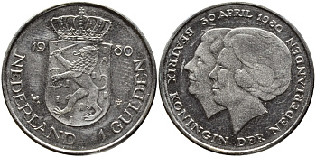 Нидерланды 1 гульден 1980 на коронацию Беатрикс, 30 апреля 1980 KM 200 никель 4391-1252