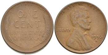 США 1 ЦЕНТ 1956 D, ЛИНКОЛЬН KM А132 медь цинк 3309-1152