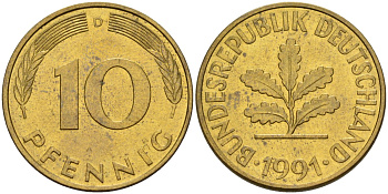 ФРГ 10 пфеннигов 1991 D KM 108, J. 383 сталь плакированная латунью 4175-1132