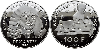 Франция 100 франков - 15 экю 1991 Декарт KM 1002 серебро PROOF 1091-1-63