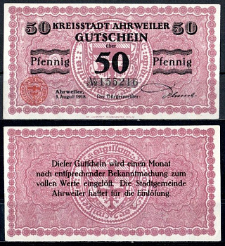 Арвайлер (Пруссия, Рейн) 50 пфеннигов 1918 Mehl Grabowski A3.2b бумага UNC (пресс) 7555-60-4-2