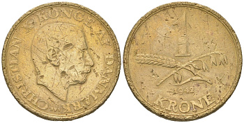 Дания 1 крона 1942 N; S, Кристиан X (1912-1947) KM 835 алюминиевая бронза 213-1221