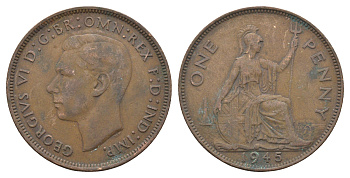 Великобритания 1 пенни 1945 Георг VI (1936-1952) KM 845, Spink 4114 бронза 4661-822