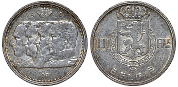 Бельгия 100 франков 1948 Belgie, королевская династия KM 139.1 серебро    1530-635