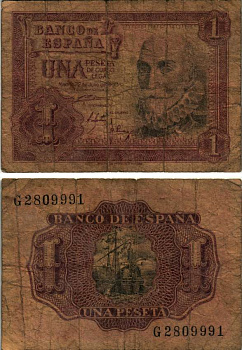 Испания 1 песета 1953 22 июля 1953, Мигель де Санта Круз Pick 144а бумага 6293-11-1-2