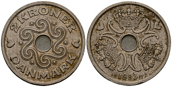 Дания 2 кроны 1993 LG; JP; A, Маргрете II (1972- ) KM 874.1 медно-никель 4176-541