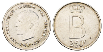Бельгия 250 франков 1976 25 лет правления Бодуэна I, der Belgen KM 158 серебро 1519-1322