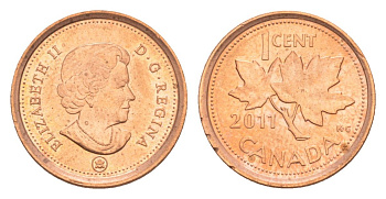 Канада 1 цент 2011 Leaf, Елизавета II (1952-2022), кленовый лист KM 490 цинк плакированный медью UNC 4630-636