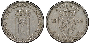 Норвегия 1 крона 1955 Хокон VII (1905-1957) KM 397 медно-никель 4128-1215