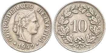 ШВЕЙЦАРИЯ 10 РАППЕНОВ 1949 В KM 27 медно-никель 206-269