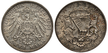 Бремен 2 марки 1904 J, Weege 59, J. 59, KM 250 серебро 00-816-56
