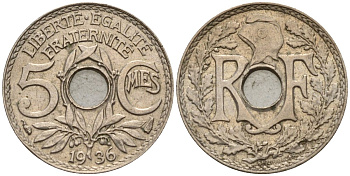Франция 5 сантимов 1936 KM 875 медно-никель 4596-637